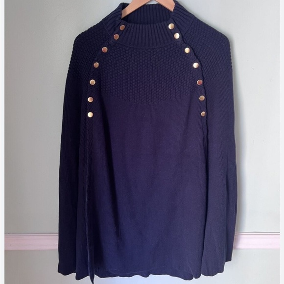 G.I.L.I. Navy Blue Gold Button Cowl Neck Poncho Sweater Women’s Medium Large - Picture 1 of 7